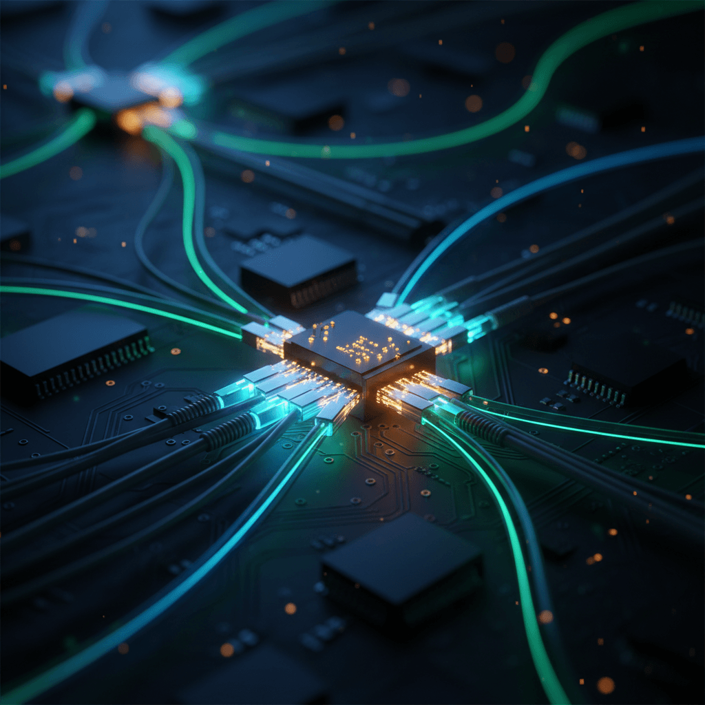Extreme close-up of illuminated fiber optic network cables with glowing blue and green connection nodes representing active data transfer