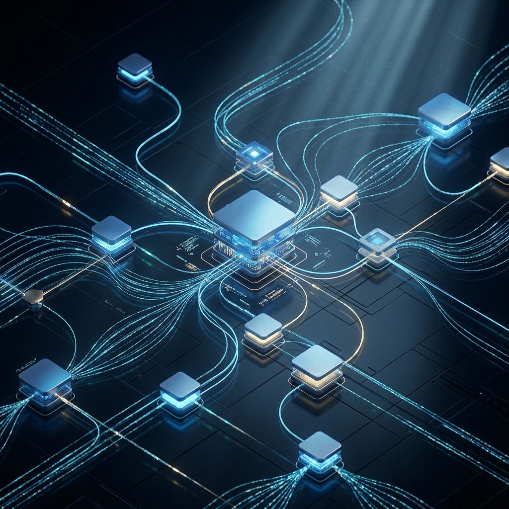 Isometric 3D visualization of glowing blue interconnected nodes and flowing particle streams representing automated AI workflows and digital systems.