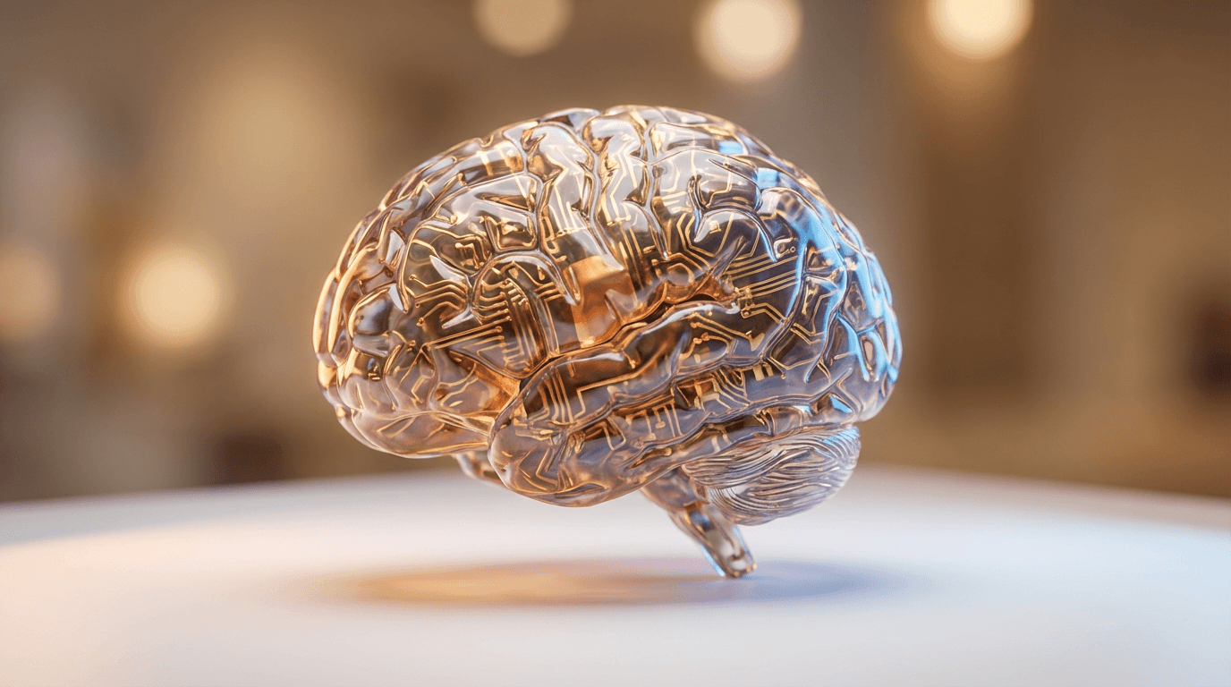Macro view of glowing neural network brain model with golden circuit patterns and soft studio lighting creating depth.