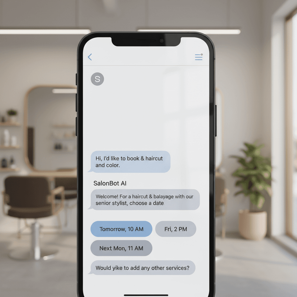 Smartphone displaying AI chatbot interface with automated customer service conversation and appointment booking options