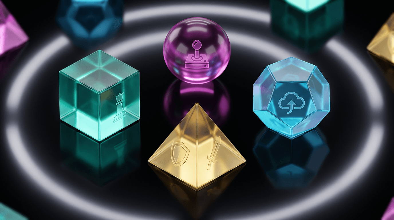Rotating 3D glass shapes glowing with neon colors representing different gaming genres on a polished black surface.