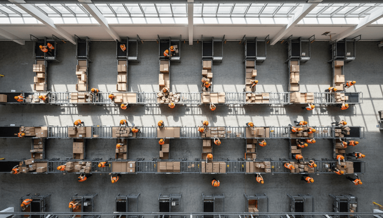 Overhead view of logistics sorting facility with workers organizing packages on tables across warehouse floor