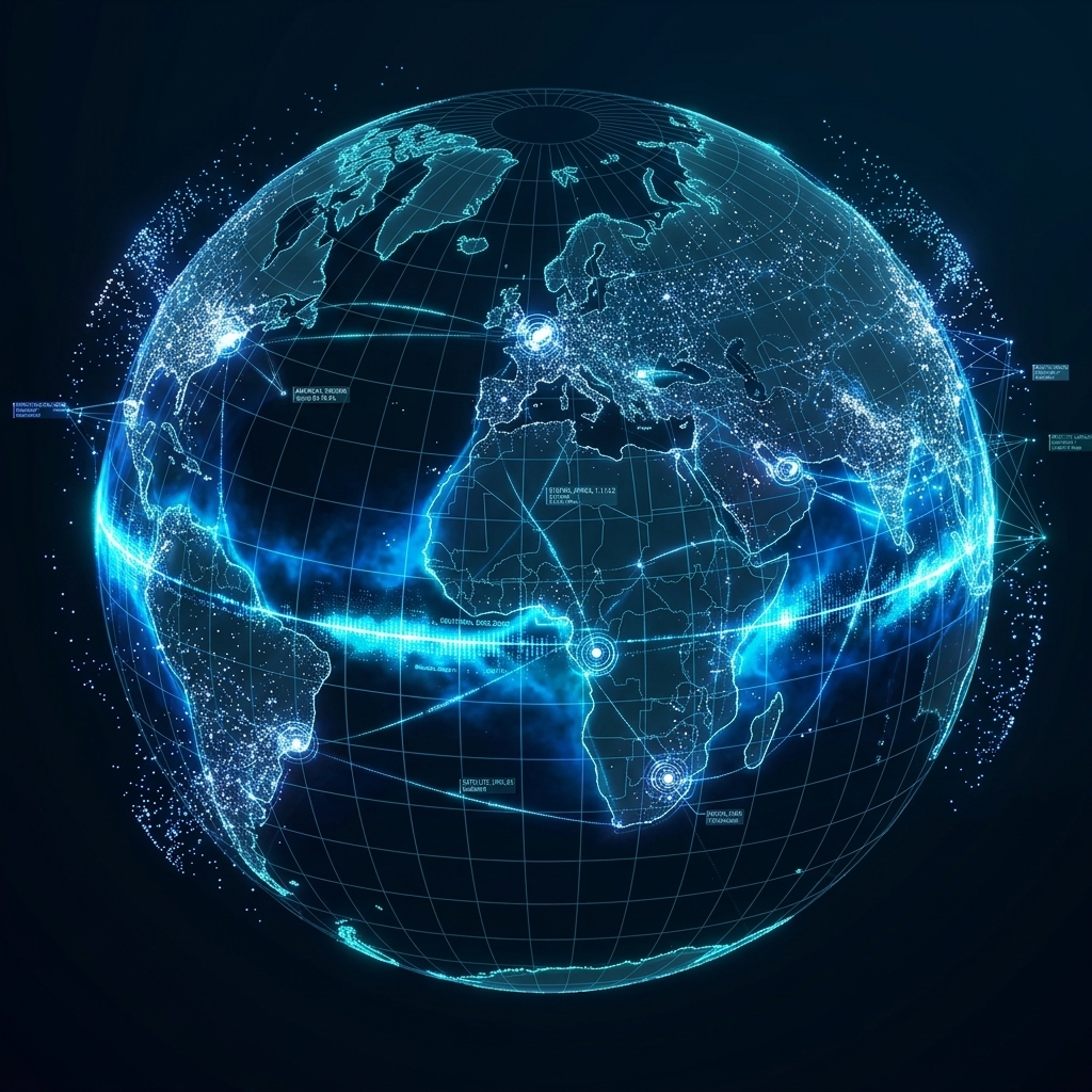 Digital globe visualization with highlighted equatorial zones, pulsing data particles, and neon-blue network connections representing GNSS monitoring.
