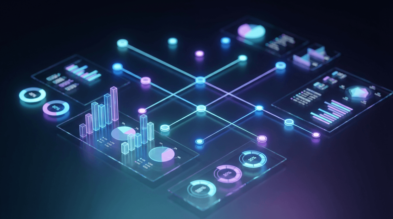 Isometric digital interface with glowing blue nodes, holographic charts, and pulsing neon light connections.
