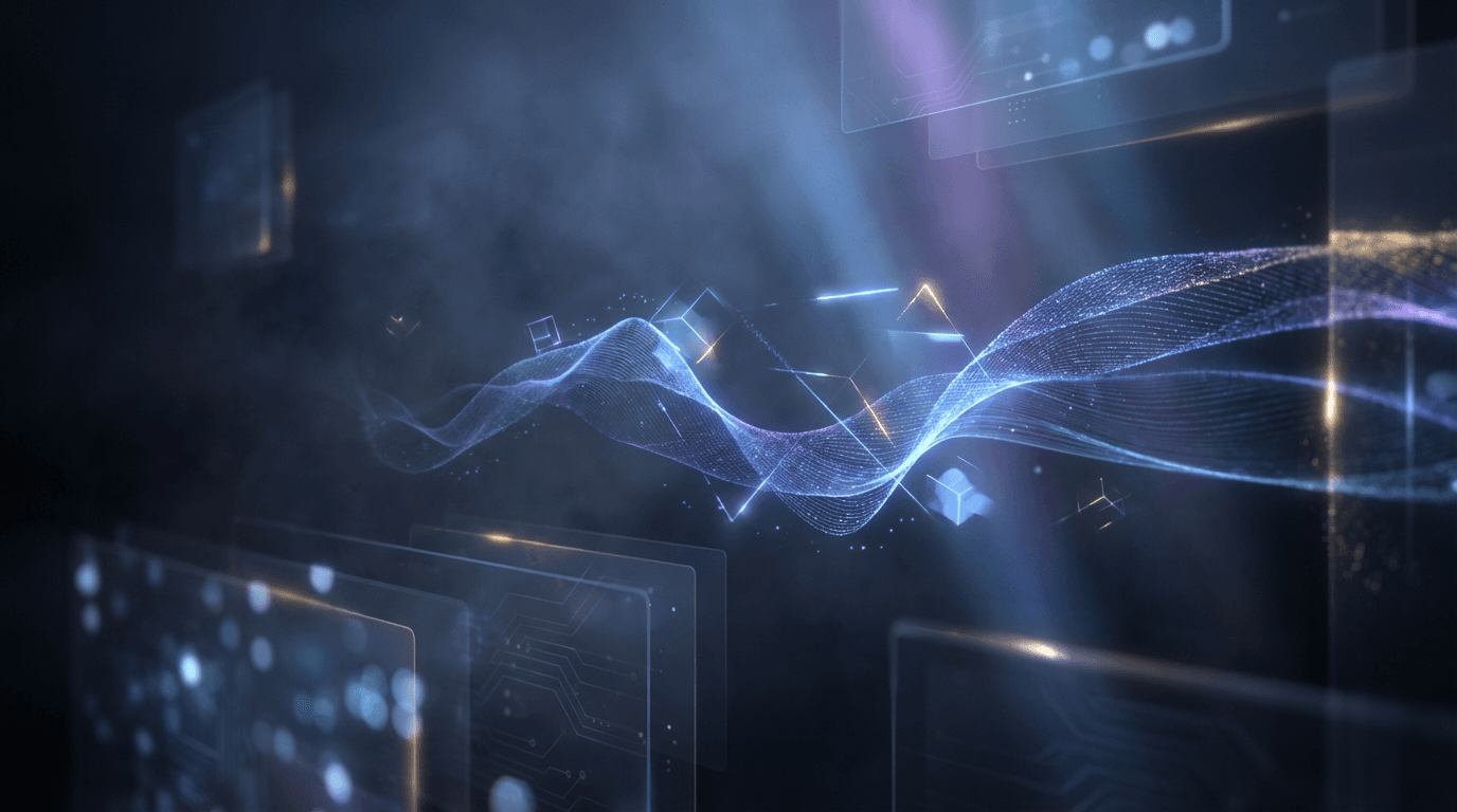 Abstract neon particle stream flowing through dark space with blue and purple light rays and gentle bokeh effects, suggesting digital privacy and encryption.
