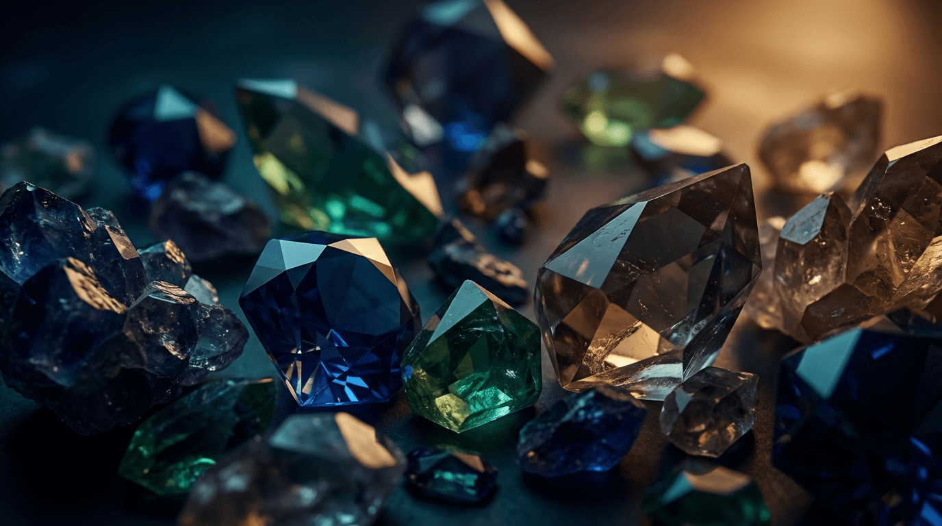 Intricate crystalline or faceted gemstone surfaces with moody lighting, deep shadows, and warm amber accent highlights.