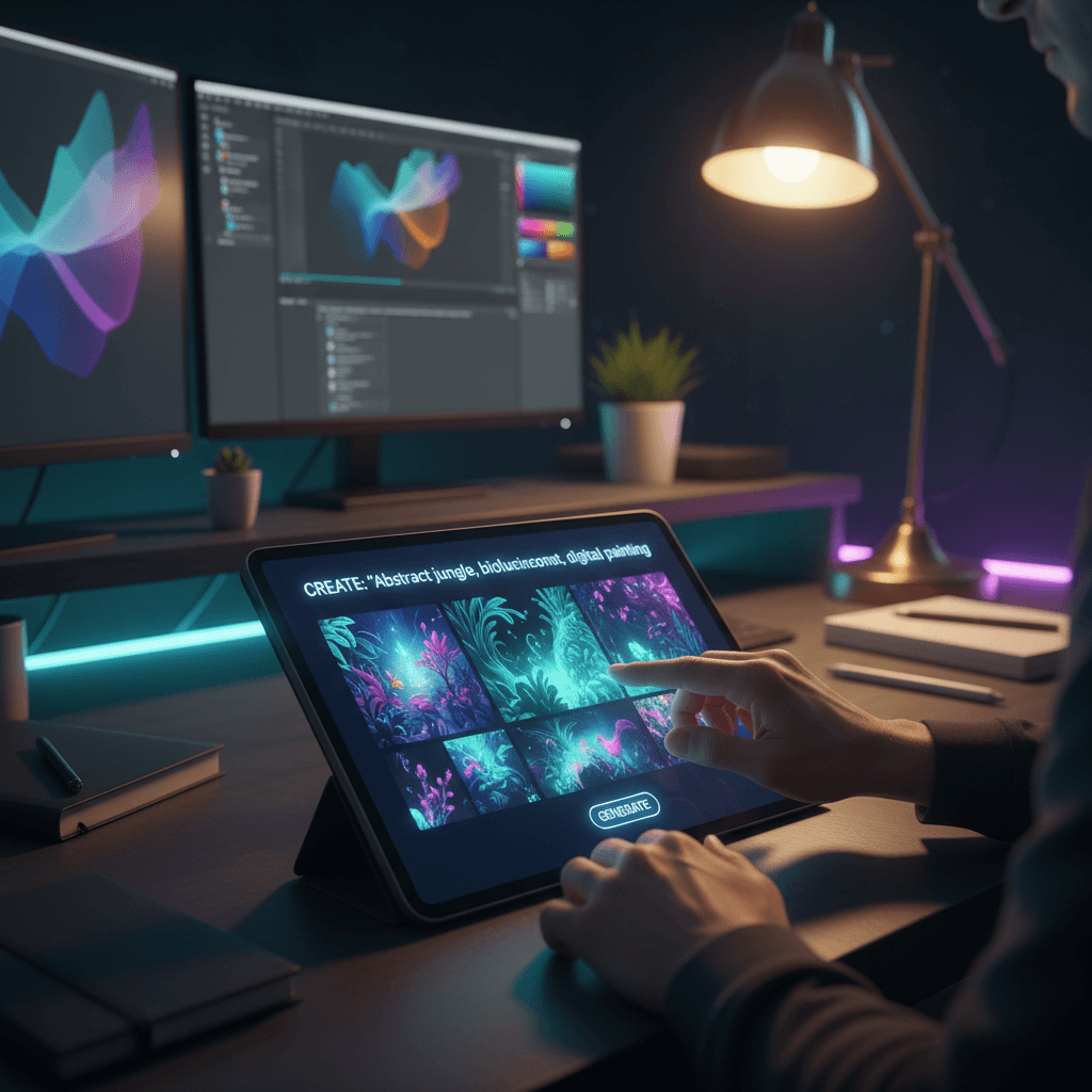 Creative professional's hands interacting with AI prompt engineering interface on tablet in sophisticated studio environment