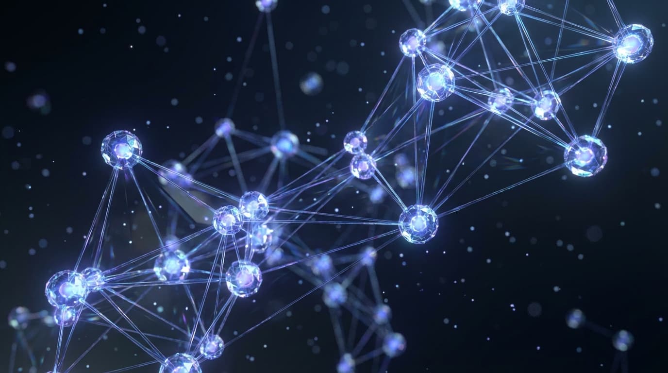 Glowing blue and purple neural network nodes connected by illuminated geometric lines floating in deep space with rhythmic pulsing lights.