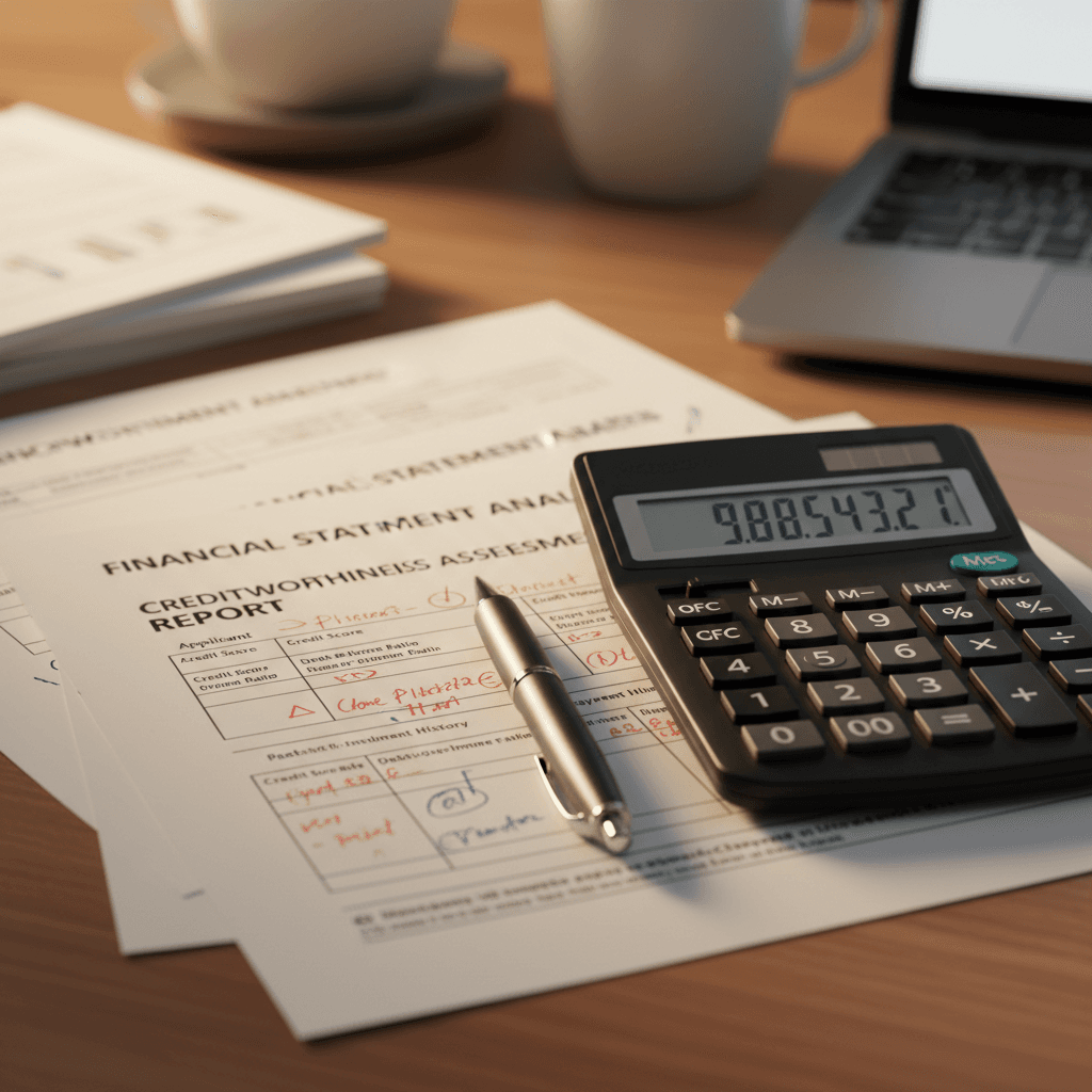 Close-up of financial documents and calculator showing detailed loan assessment analysis