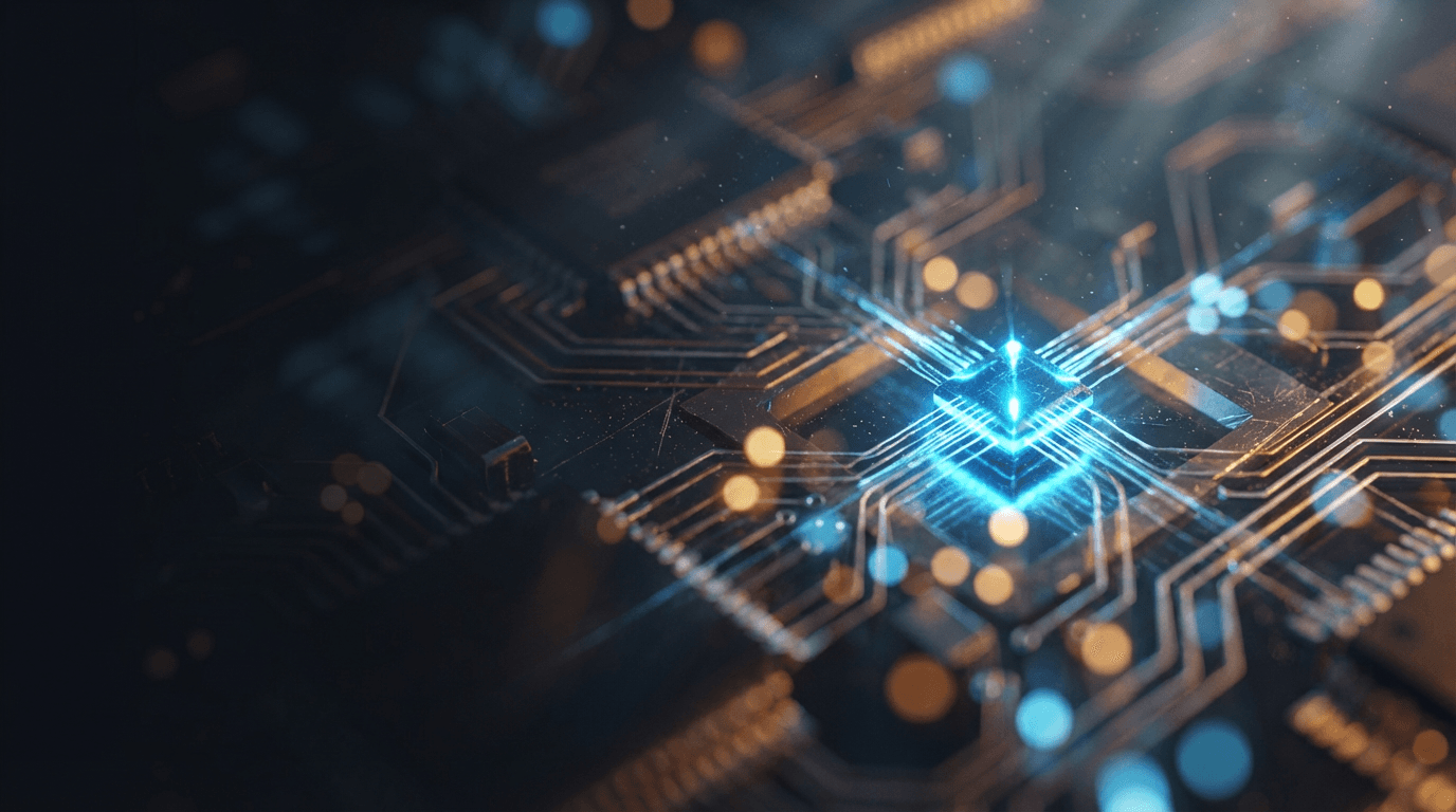 Close-up circuit board with glowing blue network node and bokeh background lights in cool blue and warm gold tones.